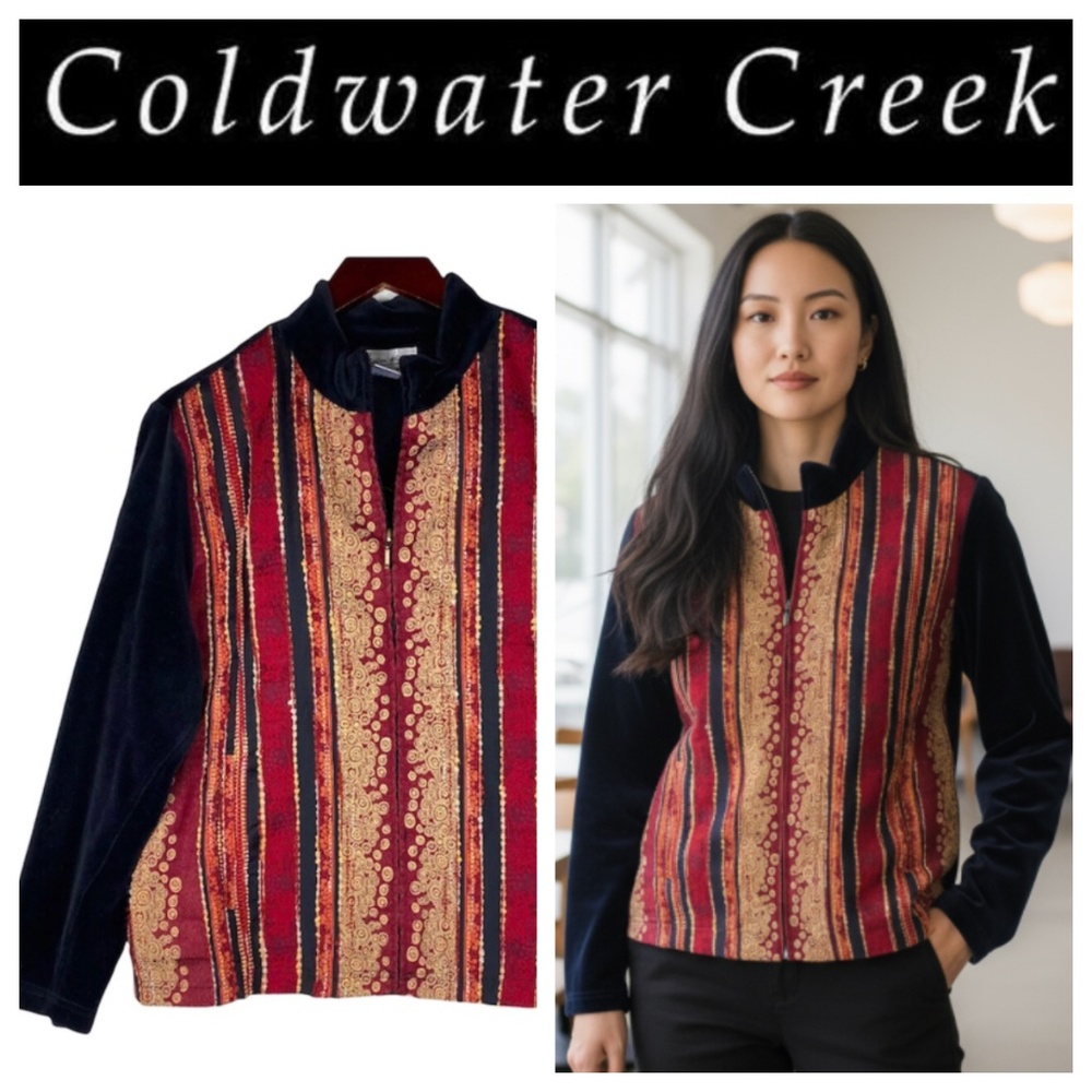 Coldwater Creek 1X 16 18 Jacket Shacket Coat Velour Velvet Tapestry Red Black
